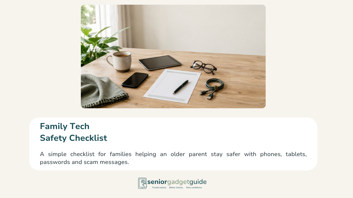 Printed family tech checklist beside a phone and tablet